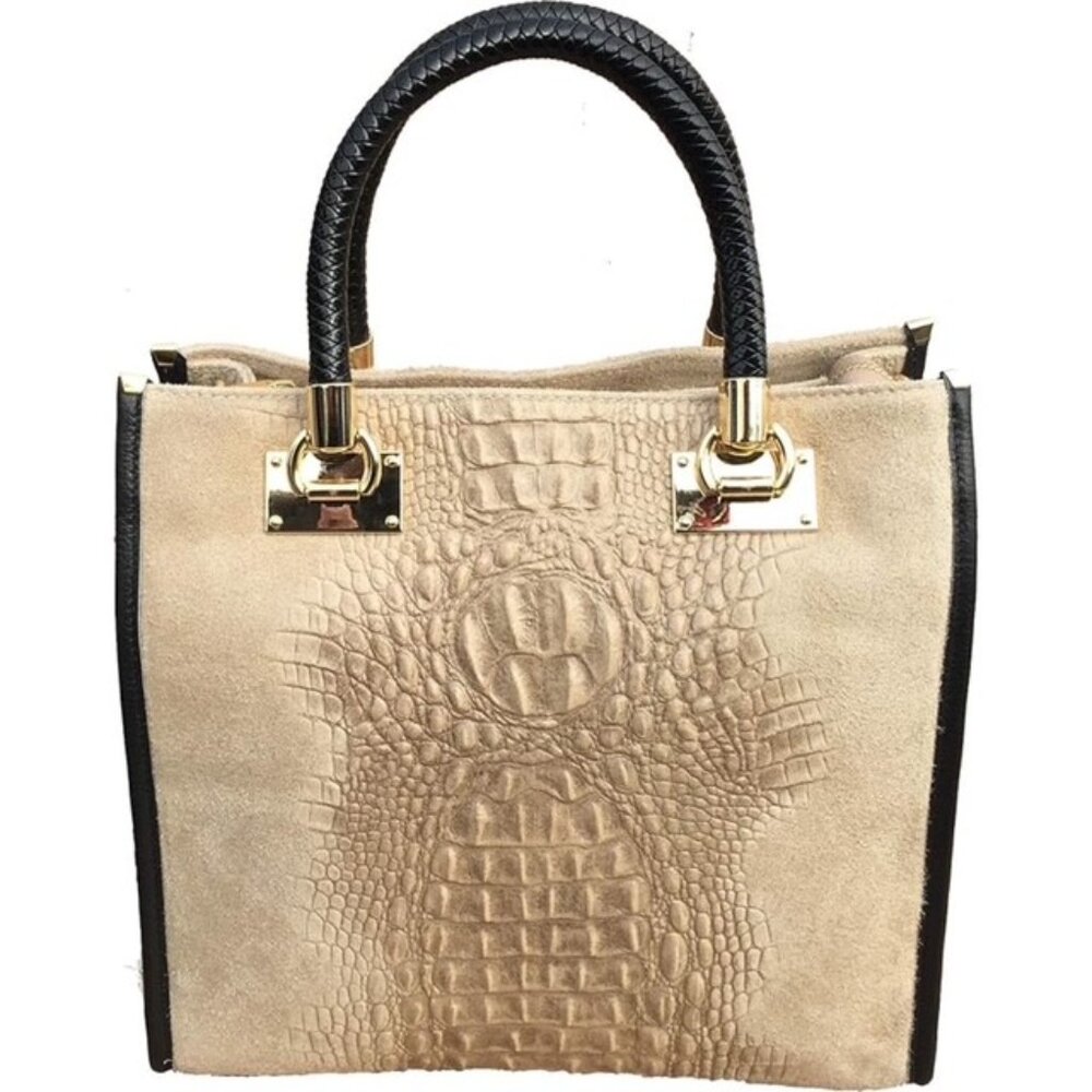 Italian Leather Handbag, Tan Suede and Crocodile-Embossed (Brand New)